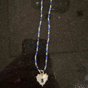 Gold Heart Pendant Necklace with Blue Beaded Chain